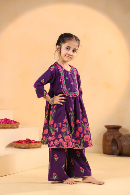 GIRL  GENDA PHOOL PRINT KURTA SET - PURPLE