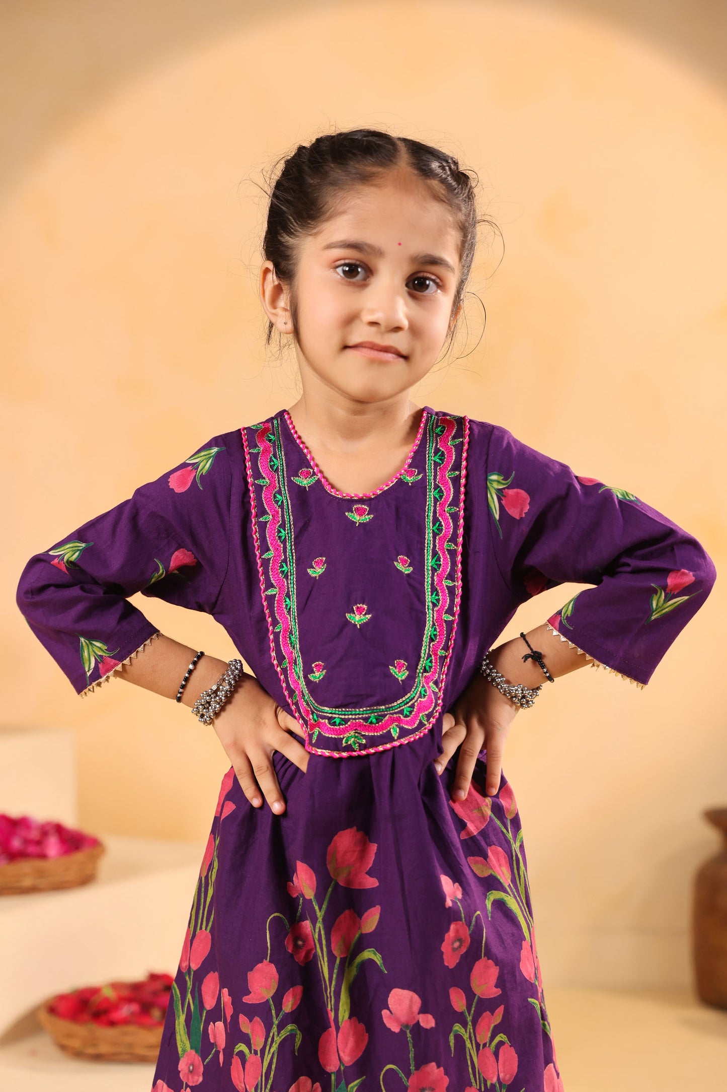 GIRL  GENDA PHOOL PRINT KURTA SET - PURPLE
