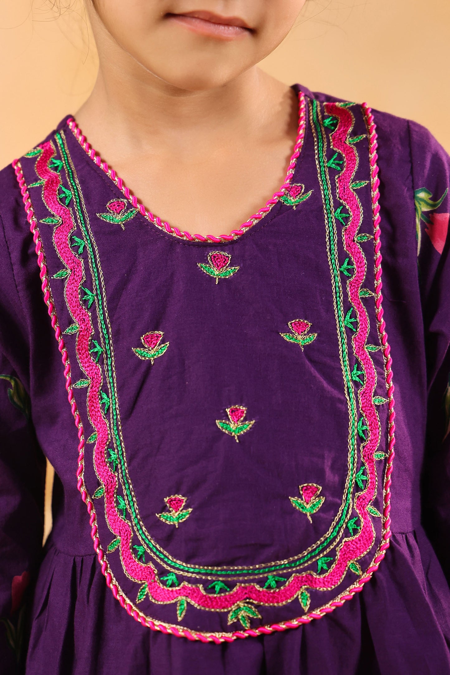 GIRL  GENDA PHOOL PRINT KURTA SET - PURPLE