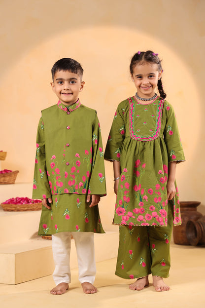 GIRL  GENDA PHOOL PRINT KURTA SET-MEHANDI GREEN