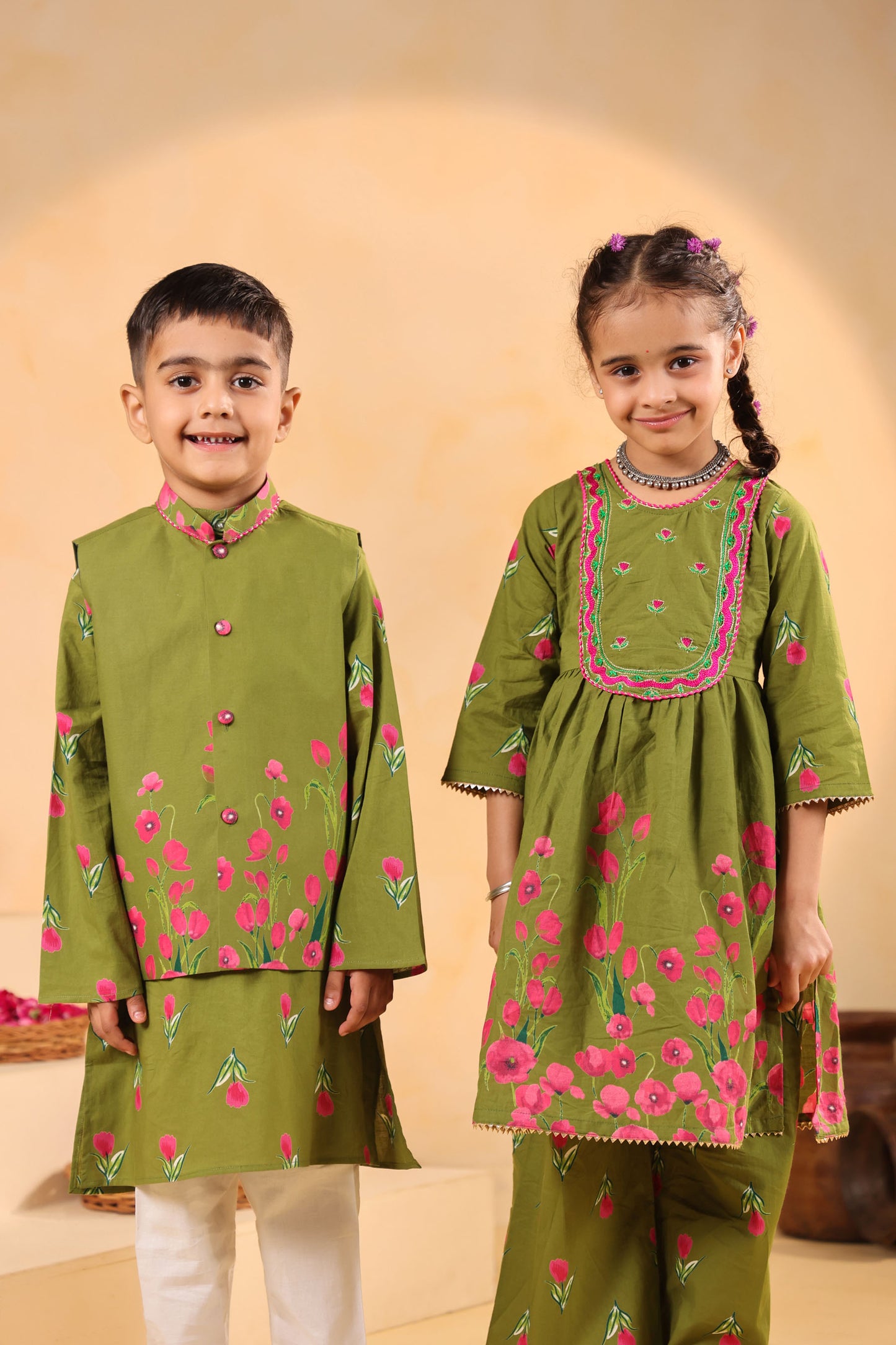 GIRL  GENDA PHOOL PRINT KURTA SET-MEHANDI GREEN