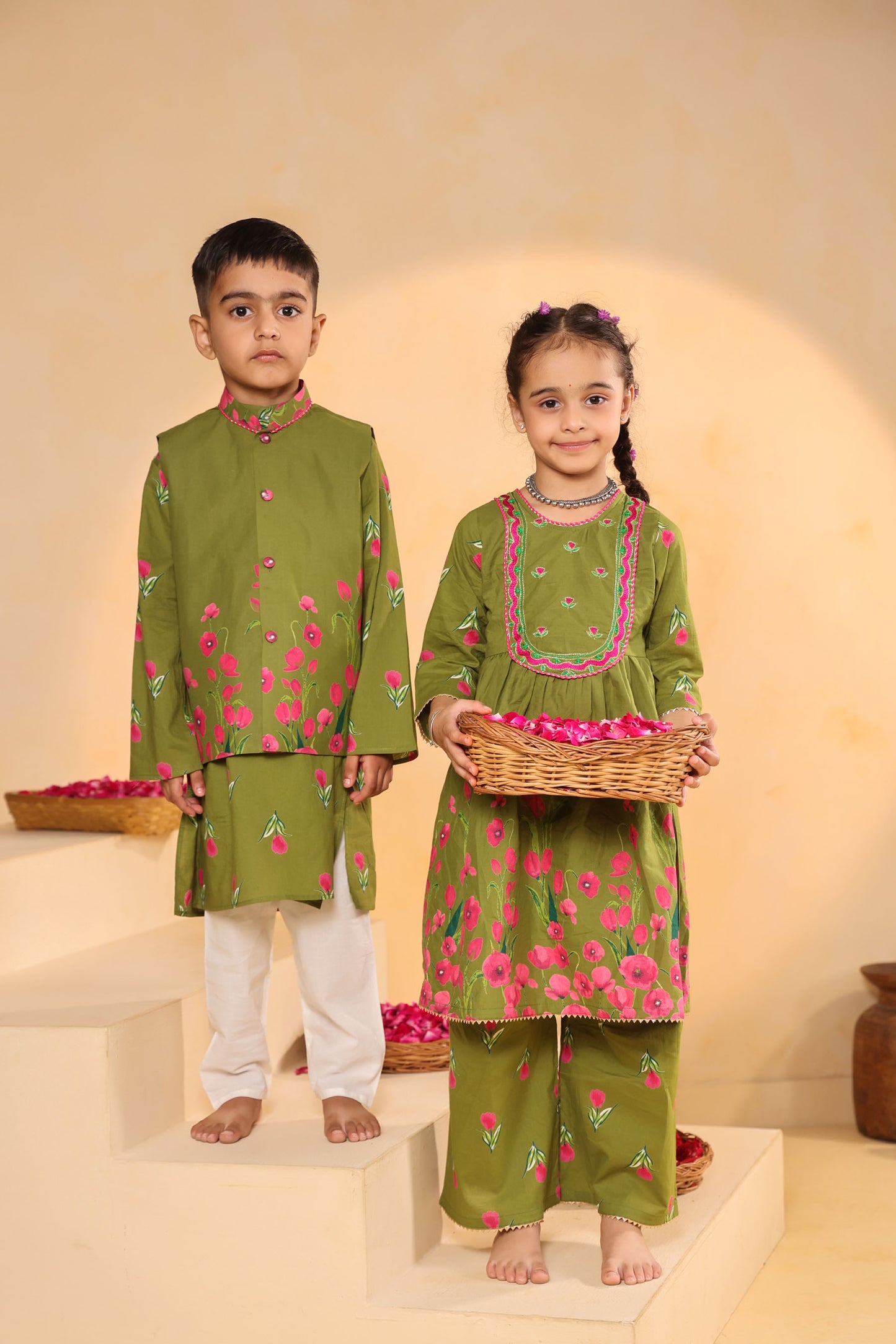 GIRL  GENDA PHOOL PRINT KURTA SET-MEHANDI GREEN