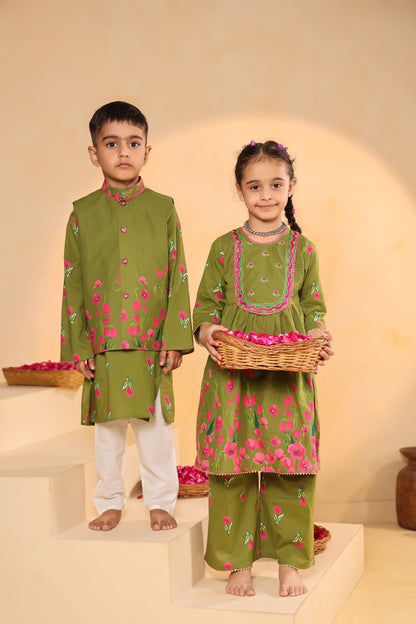 GIRL  GENDA PHOOL PRINT KURTA SET-MEHANDI GREEN