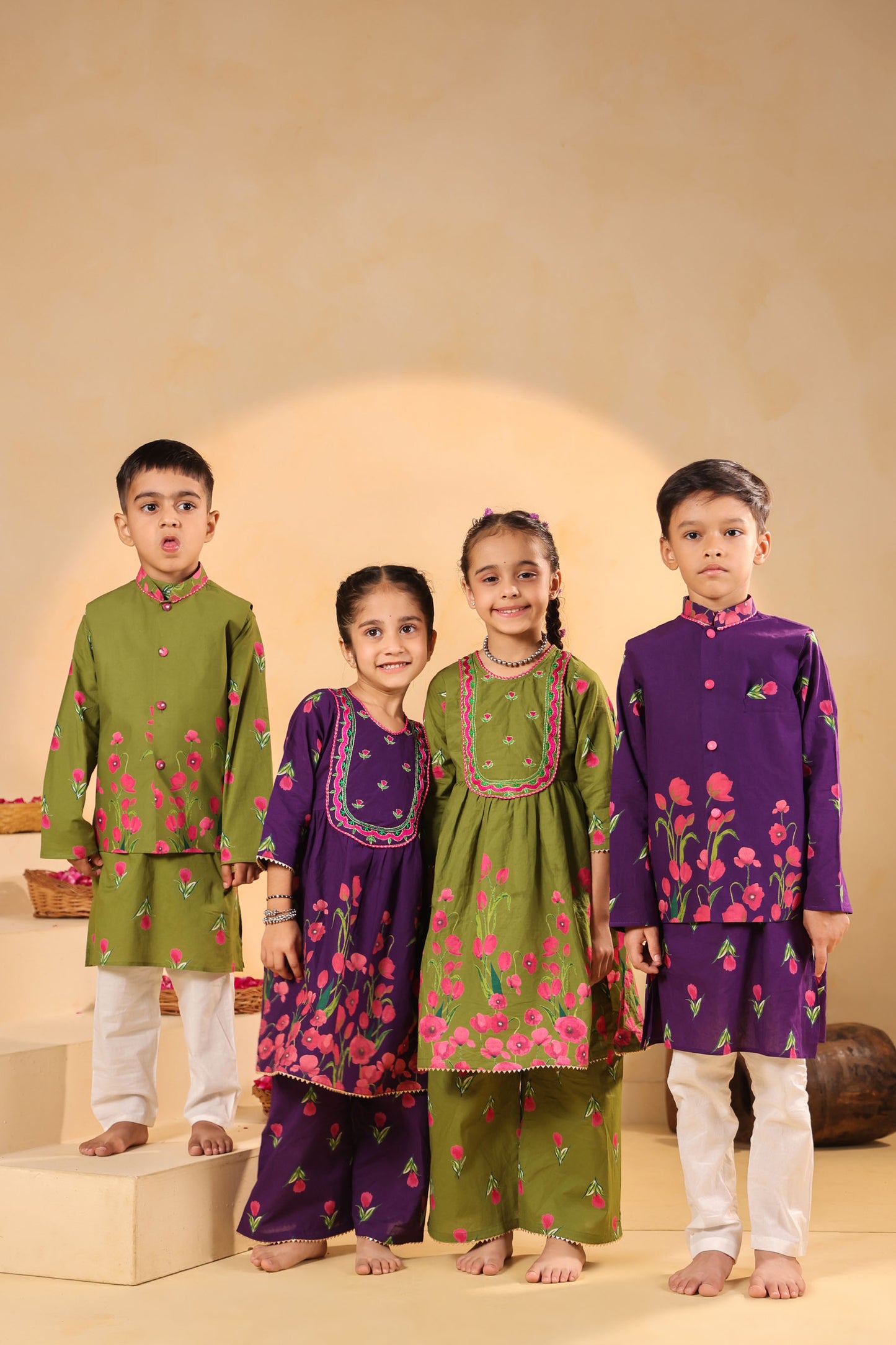 GIRL  GENDA PHOOL PRINT KURTA SET-MEHANDI GREEN