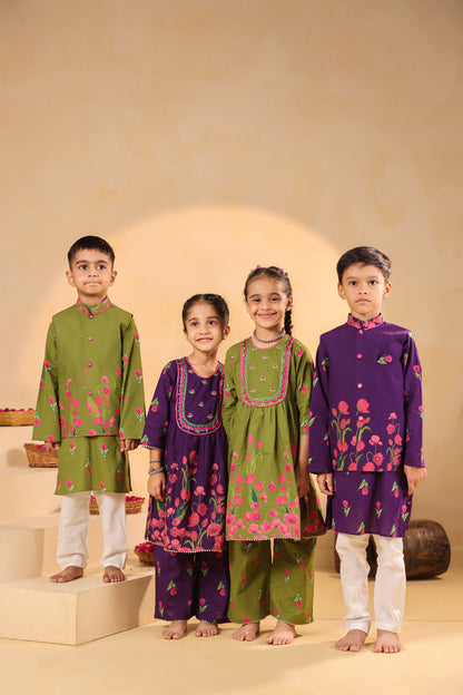 GIRL  GENDA PHOOL PRINT KURTA SET-MEHANDI GREEN