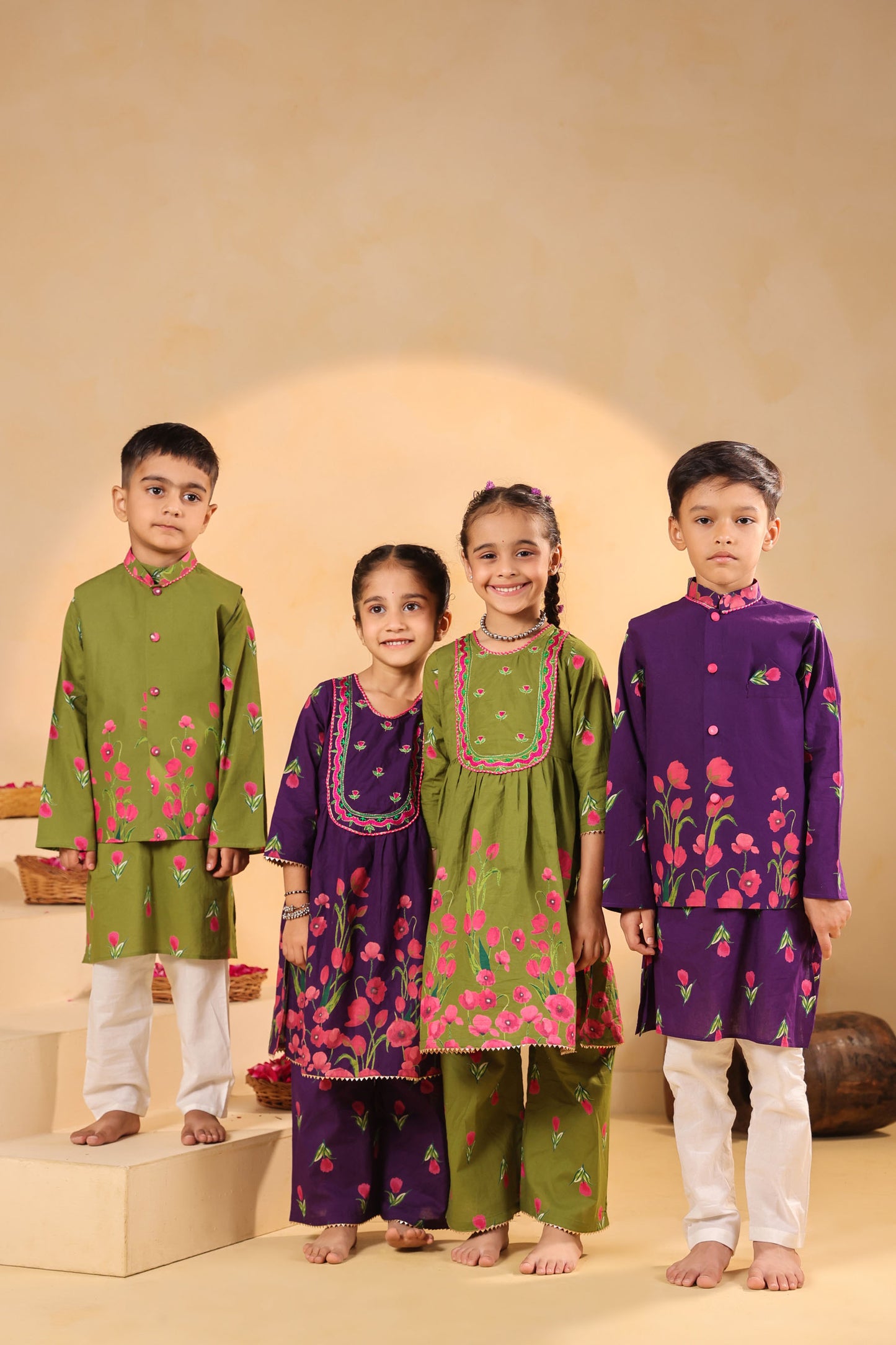 GIRL  GENDA PHOOL PRINT KURTA SET-MEHANDI GREEN