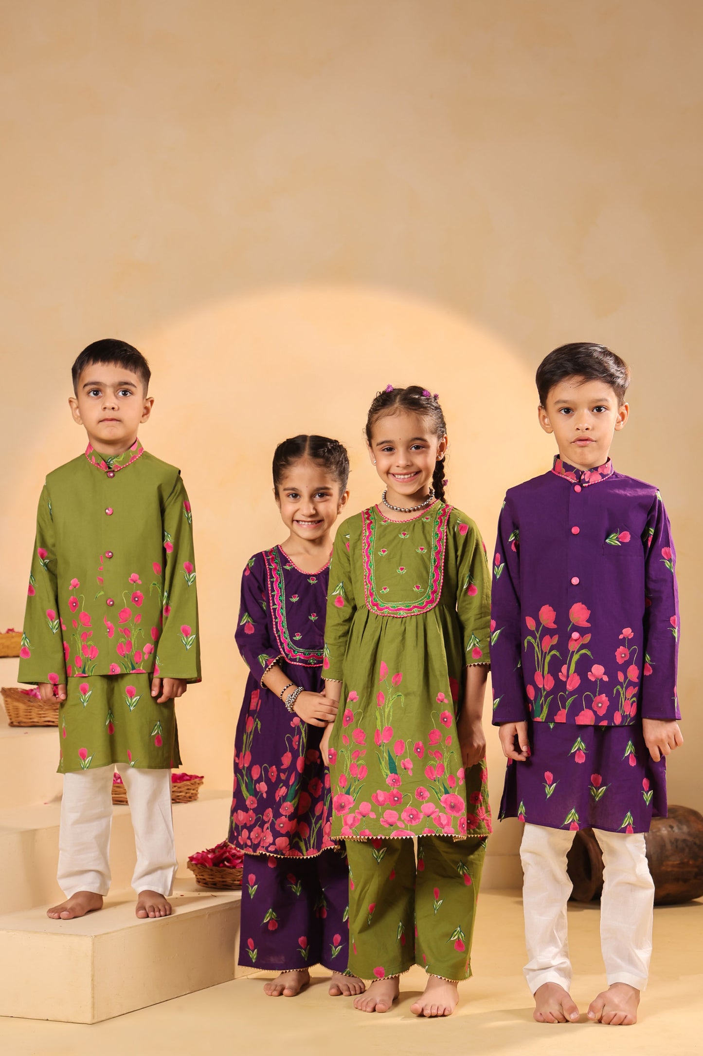 GIRL  GENDA PHOOL PRINT KURTA SET-MEHANDI GREEN