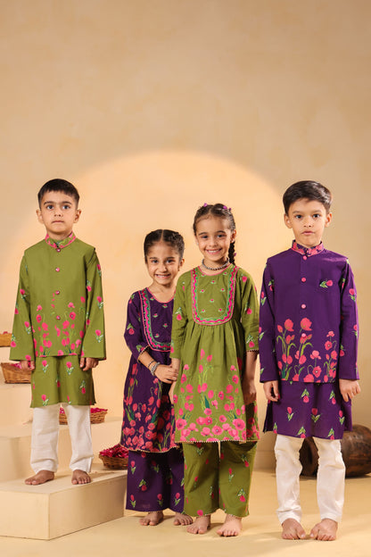 GIRL  GENDA PHOOL PRINT KURTA SET-MEHANDI GREEN