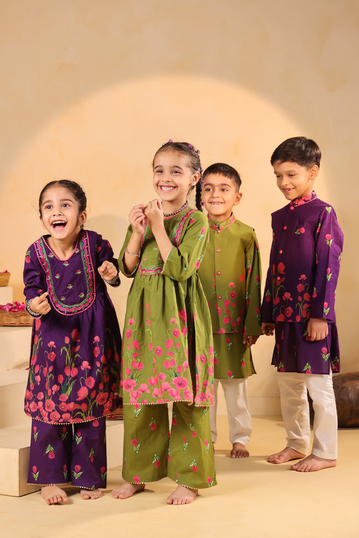 GIRL  GENDA PHOOL PRINT KURTA SET-MEHANDI GREEN