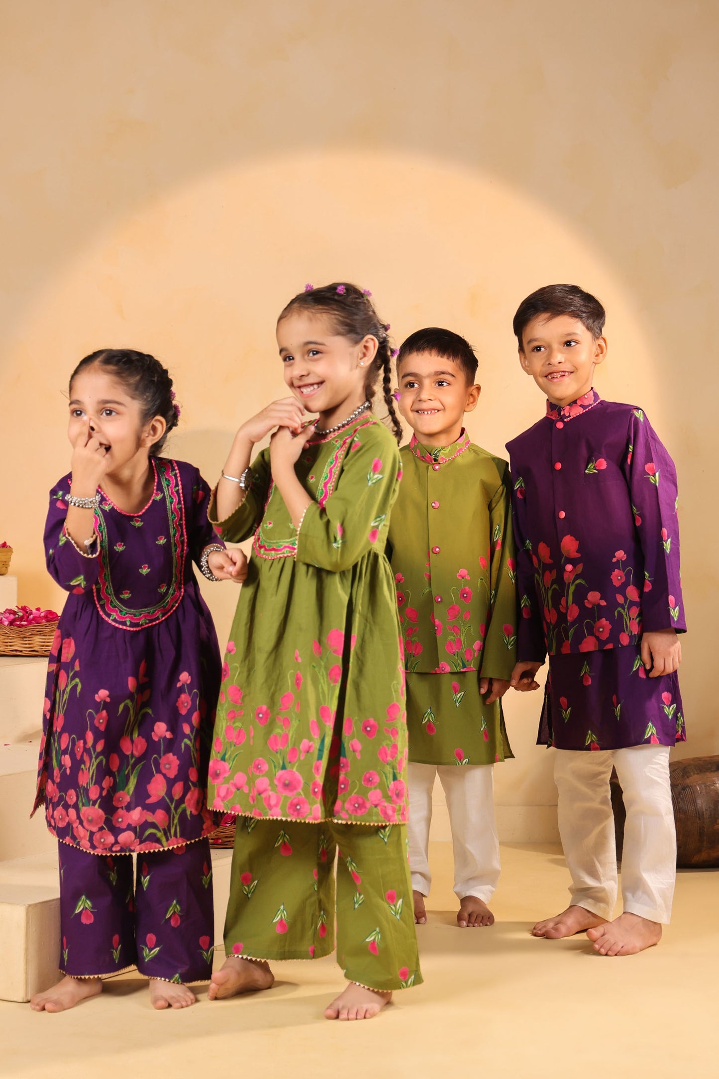 GIRL  GENDA PHOOL PRINT KURTA SET-MEHANDI GREEN
