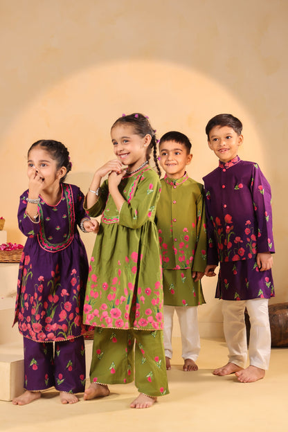 GIRL  GENDA PHOOL PRINT KURTA SET-MEHANDI GREEN