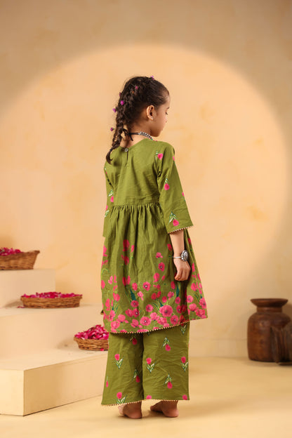 GIRL  GENDA PHOOL PRINT KURTA SET-MEHANDI GREEN