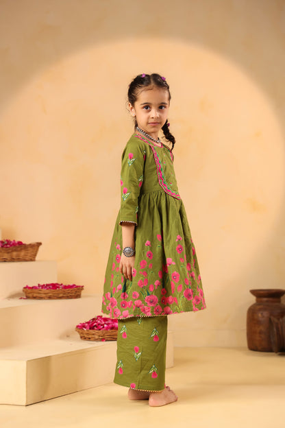 GIRL  GENDA PHOOL PRINT KURTA SET-MEHANDI GREEN