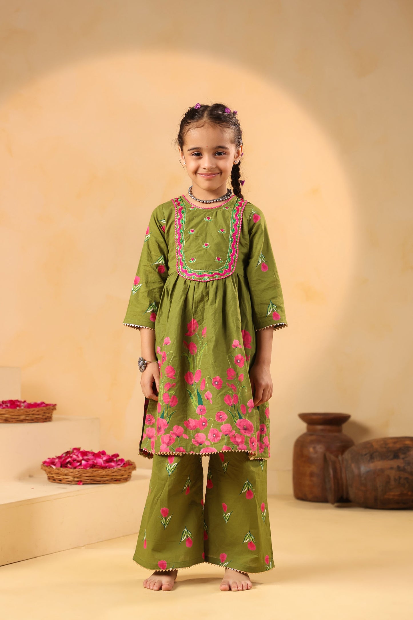 GIRL  GENDA PHOOL PRINT KURTA SET-MEHANDI GREEN
