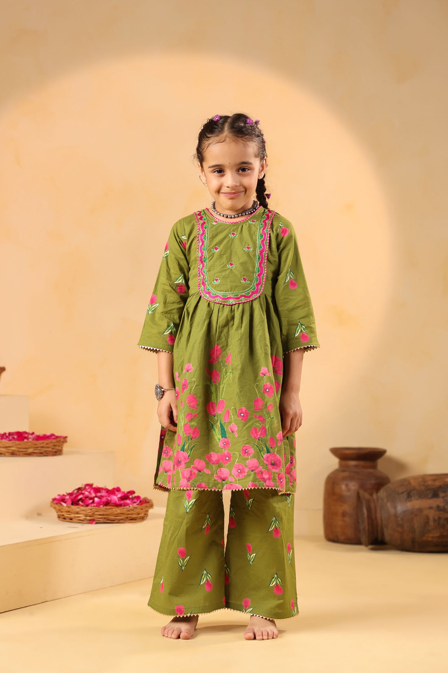 GIRL  GENDA PHOOL PRINT KURTA SET-MEHANDI GREEN