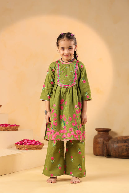 GIRL  GENDA PHOOL PRINT KURTA SET-MEHANDI GREEN