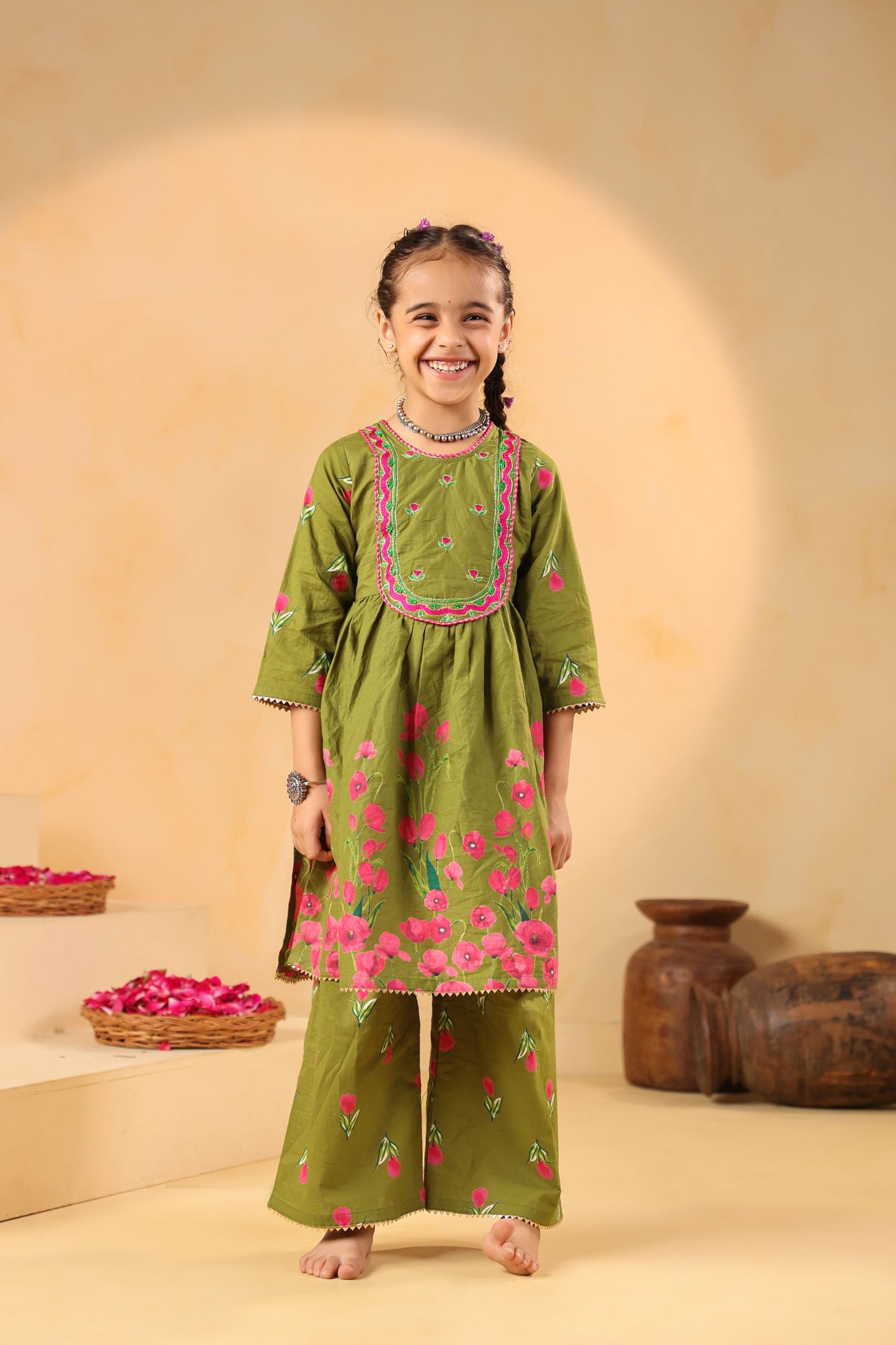 GIRL  GENDA PHOOL PRINT KURTA SET-MEHANDI GREEN