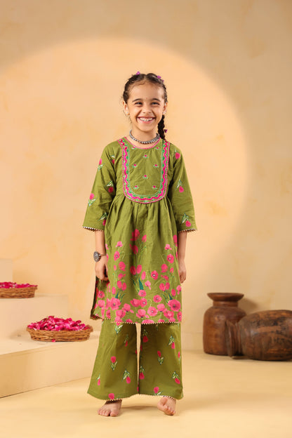 GIRL  GENDA PHOOL PRINT KURTA SET-MEHANDI GREEN