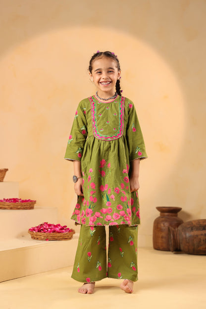 GIRL  GENDA PHOOL PRINT KURTA SET-MEHANDI GREEN