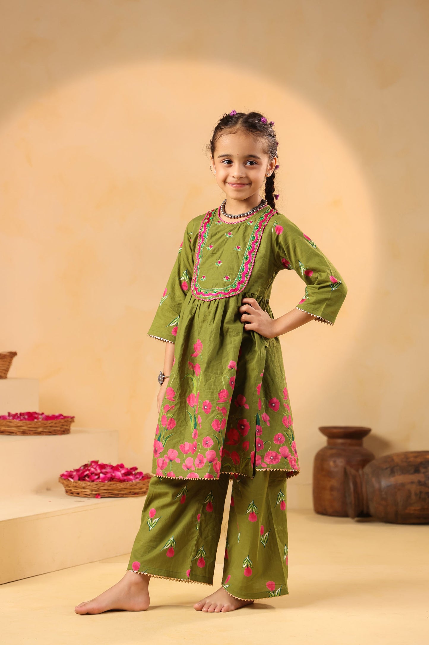 GIRL  GENDA PHOOL PRINT KURTA SET-MEHANDI GREEN