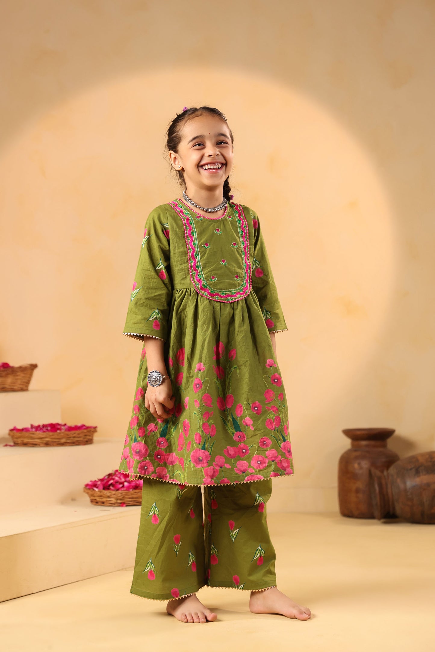 GIRL  GENDA PHOOL PRINT KURTA SET-MEHANDI GREEN