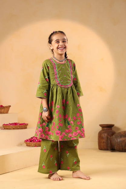 GIRL  GENDA PHOOL PRINT KURTA SET-MEHANDI GREEN