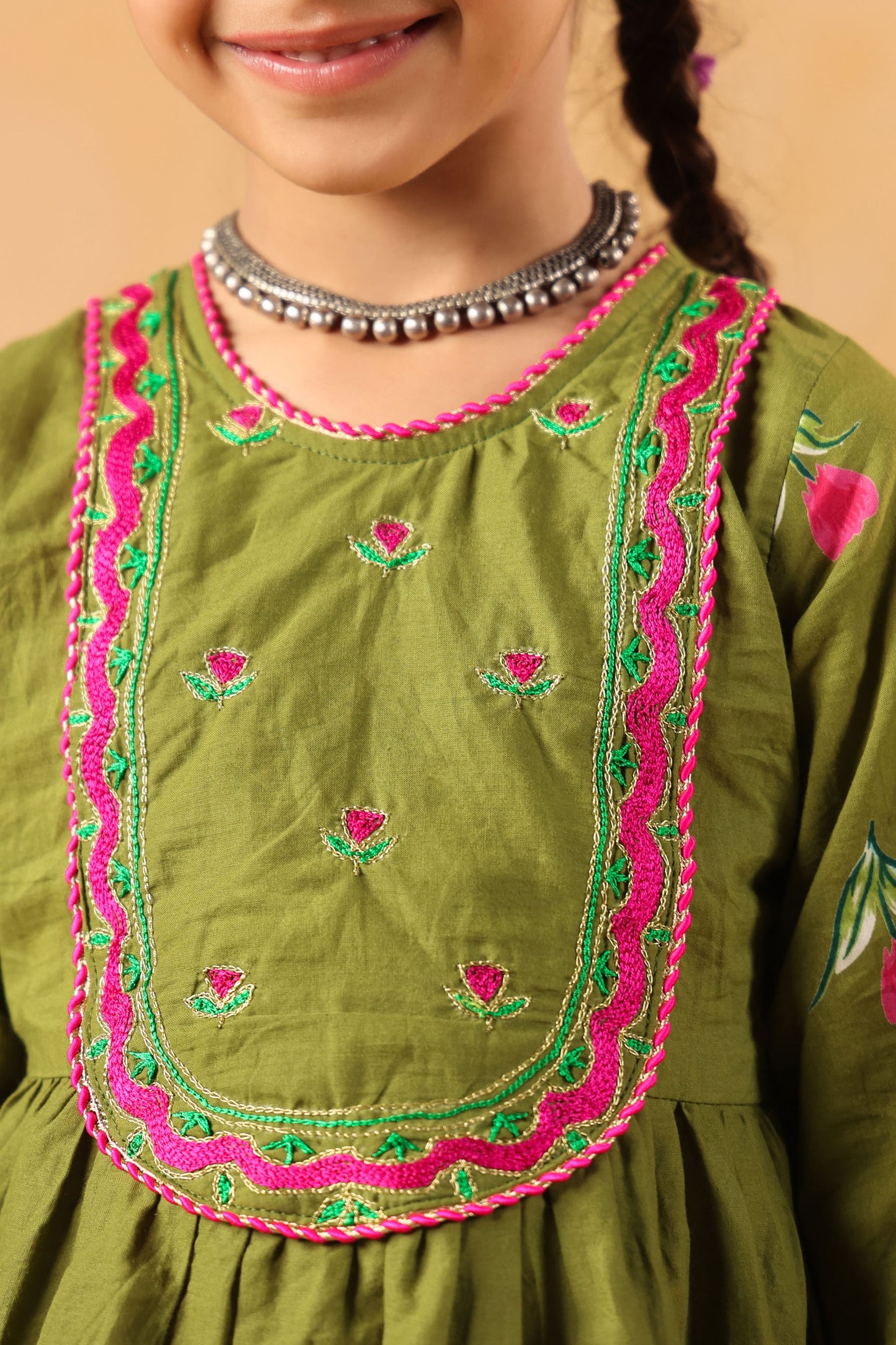 GIRL  GENDA PHOOL PRINT KURTA SET-MEHANDI GREEN