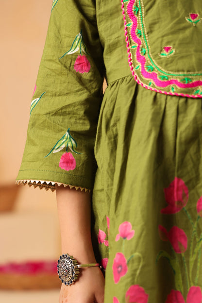 GIRL  GENDA PHOOL PRINT KURTA SET-MEHANDI GREEN