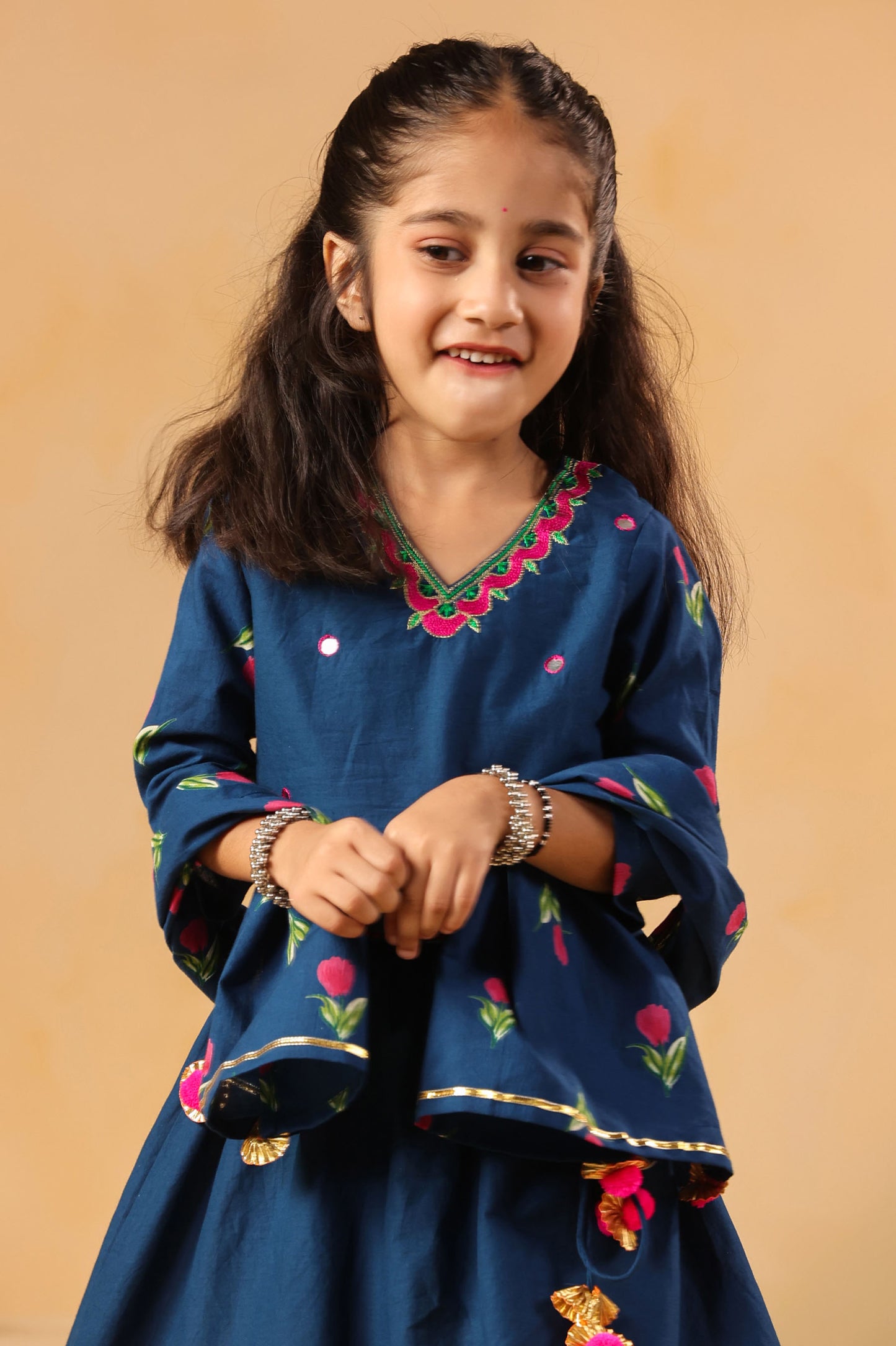 GIRL GULABO FLORAL EMBROIDERED SKIRT SET-TEAL