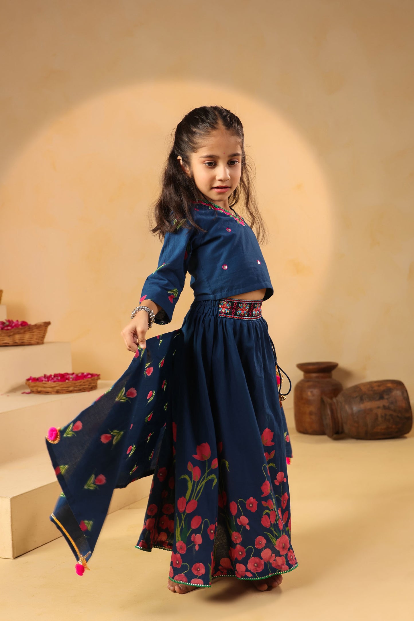 GIRL GULABO FLORAL EMBROIDERED SKIRT SET-TEAL