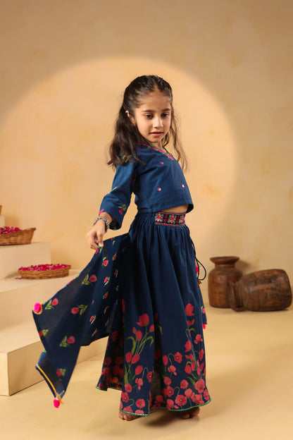 GIRL GULABO FLORAL EMBROIDERED SKIRT SET-TEAL