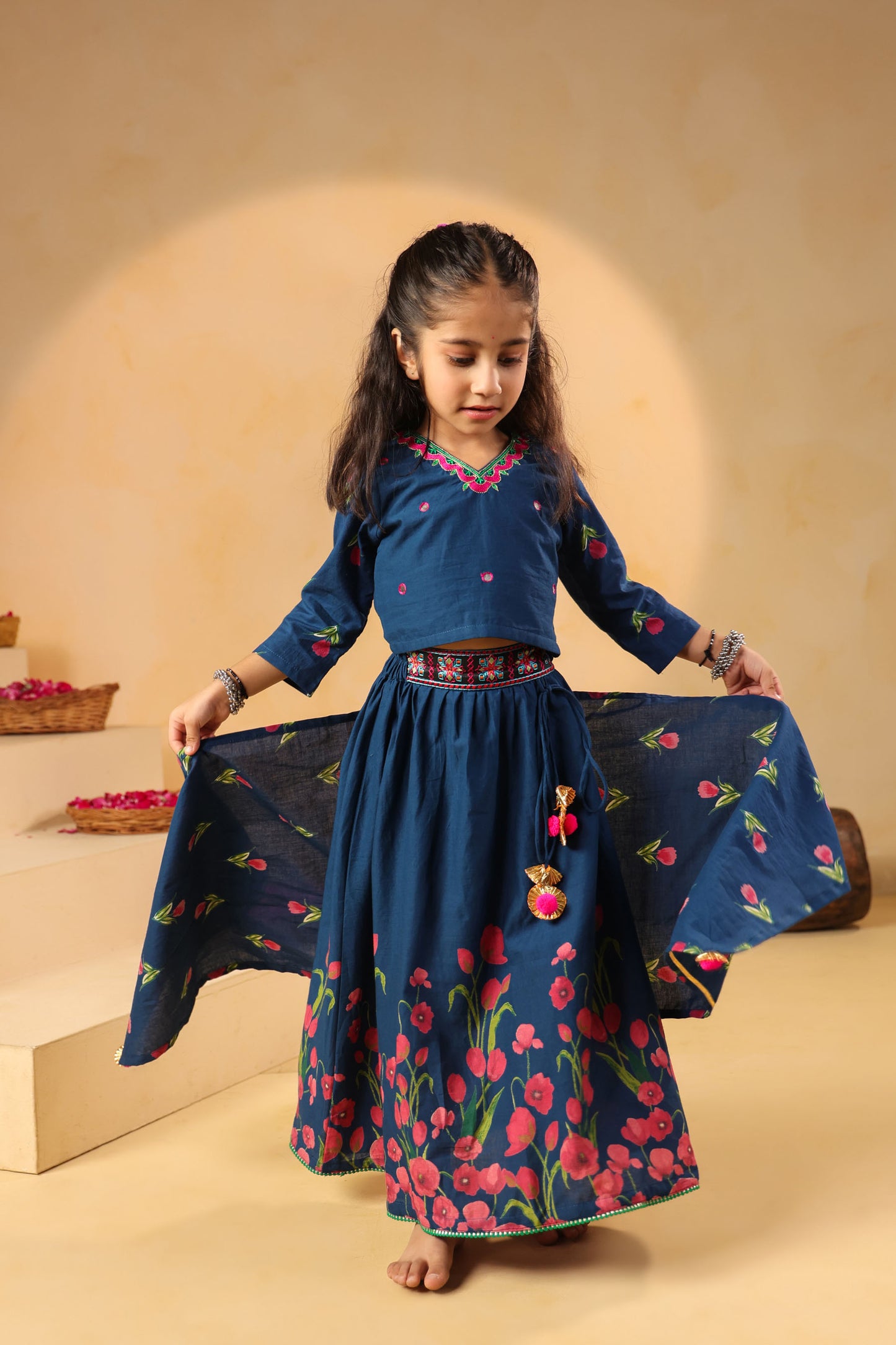 GIRL GULABO FLORAL EMBROIDERED SKIRT SET-TEAL