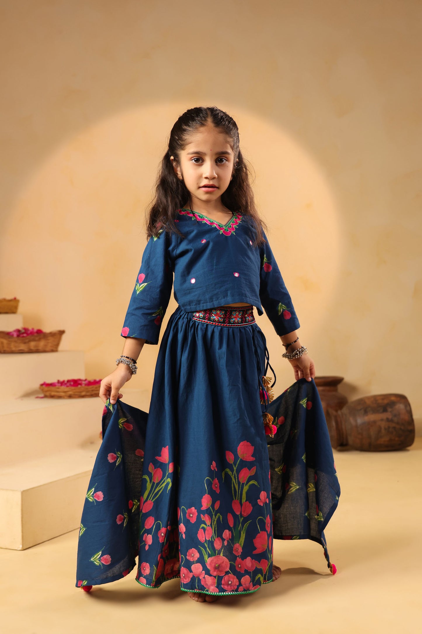 GIRL GULABO FLORAL EMBROIDERED SKIRT SET-TEAL