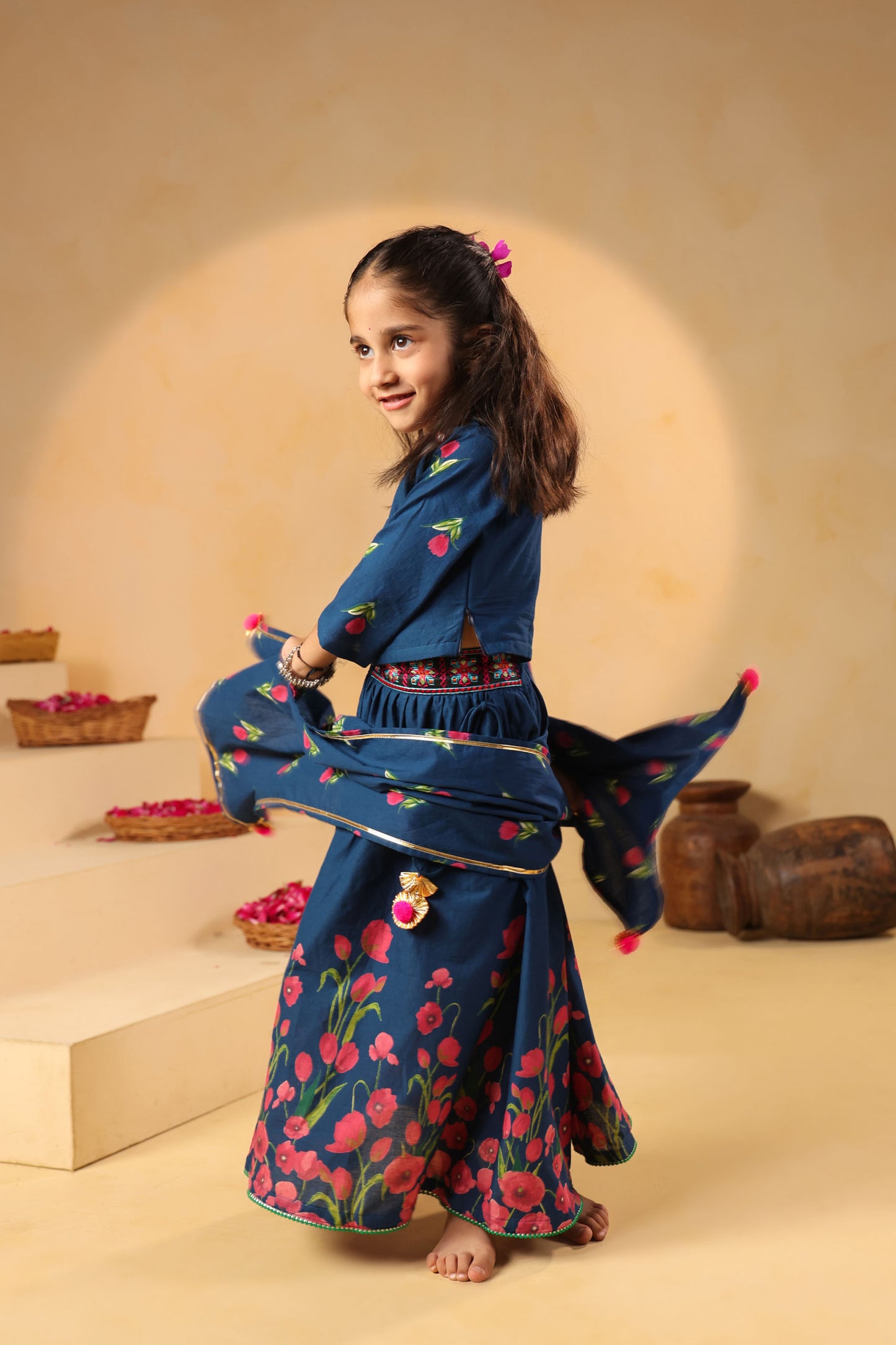 GIRL GULABO FLORAL EMBROIDERED SKIRT SET-TEAL