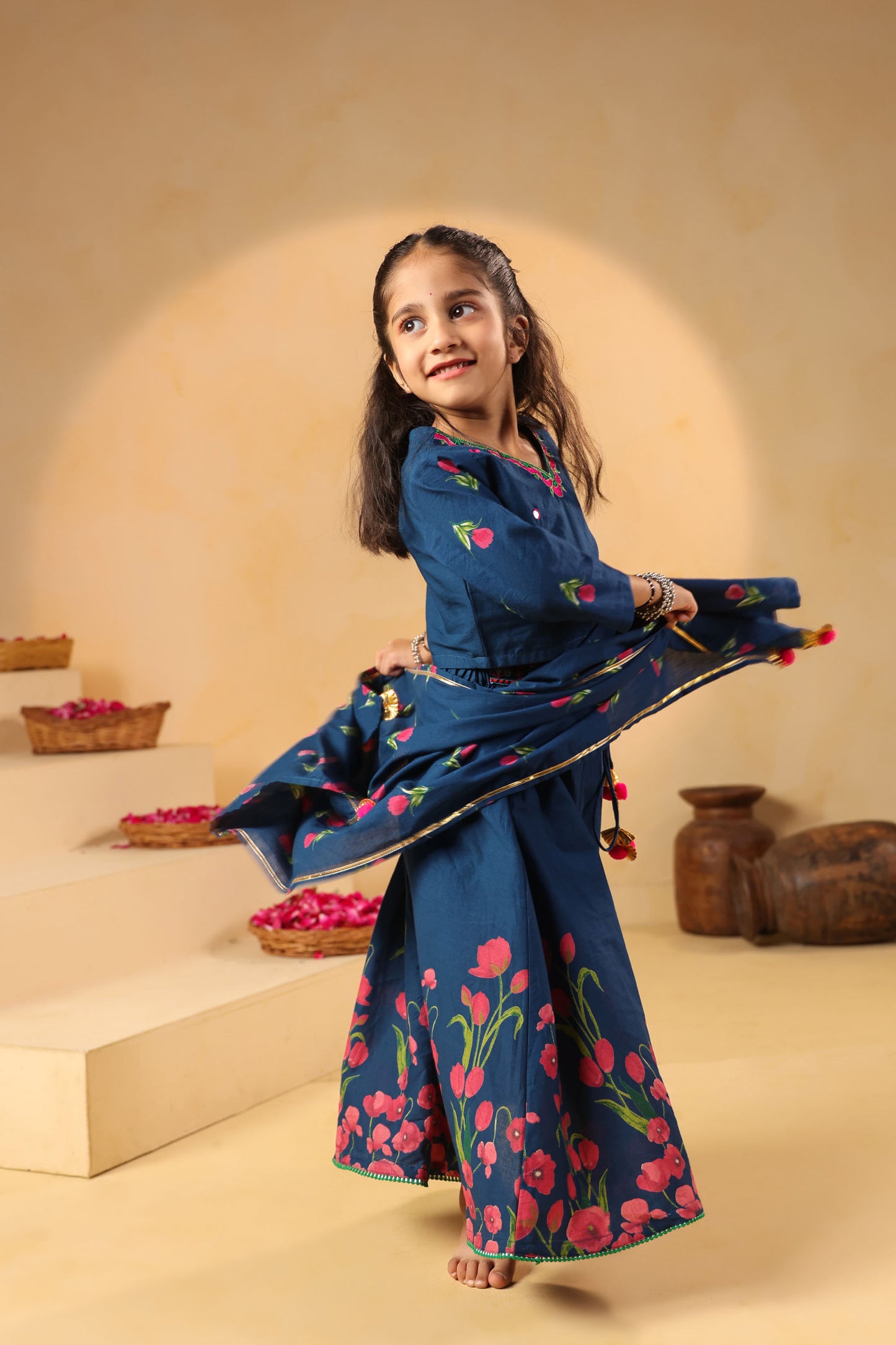 GIRL GULABO FLORAL EMBROIDERED SKIRT SET-TEAL