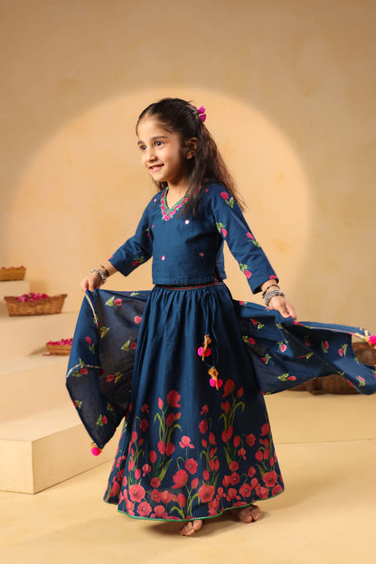 GIRL GULABO FLORAL EMBROIDERED SKIRT SET-TEAL