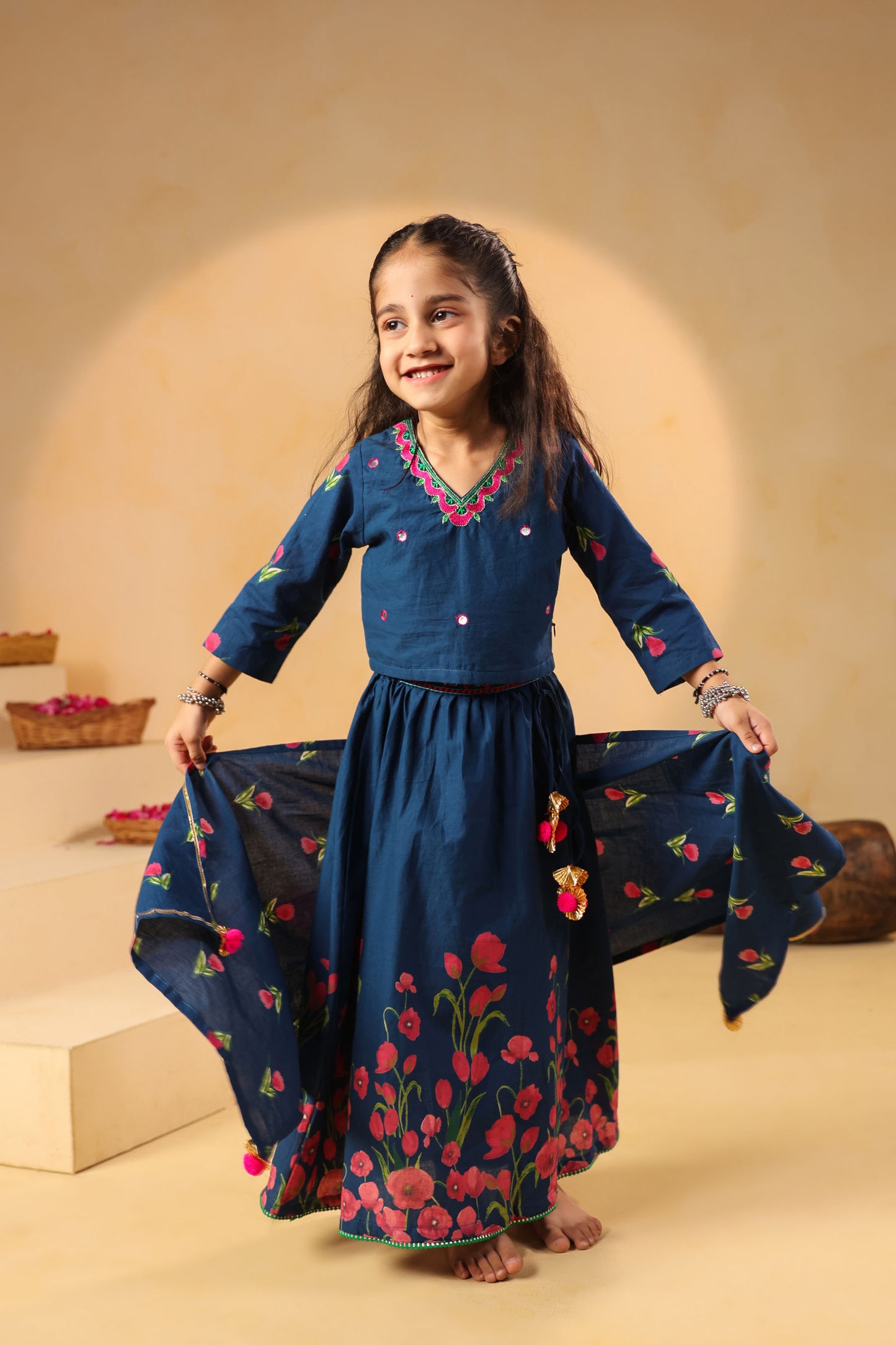GIRL GULABO FLORAL EMBROIDERED SKIRT SET-TEAL