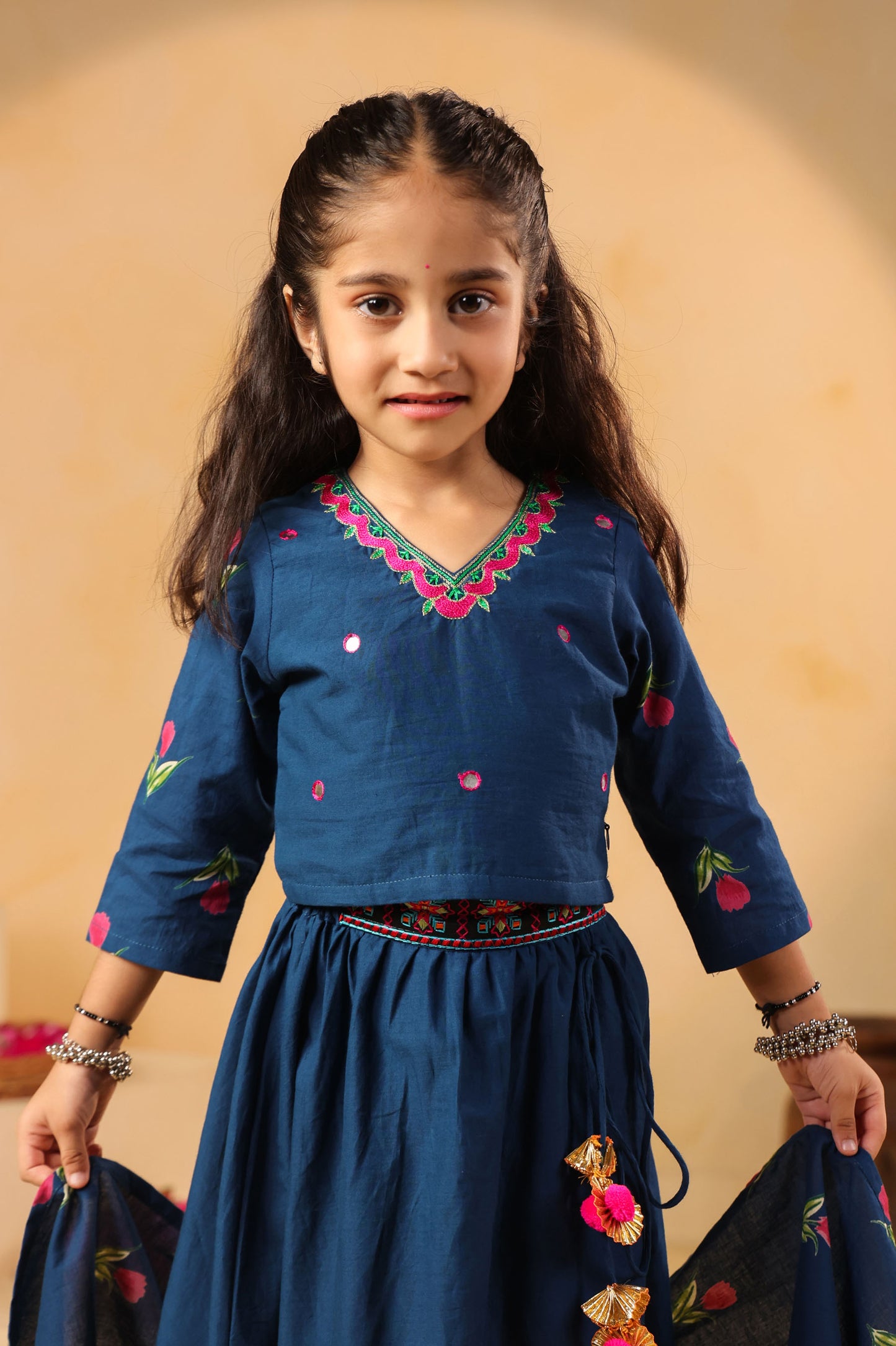 GIRL GULABO FLORAL EMBROIDERED SKIRT SET-TEAL