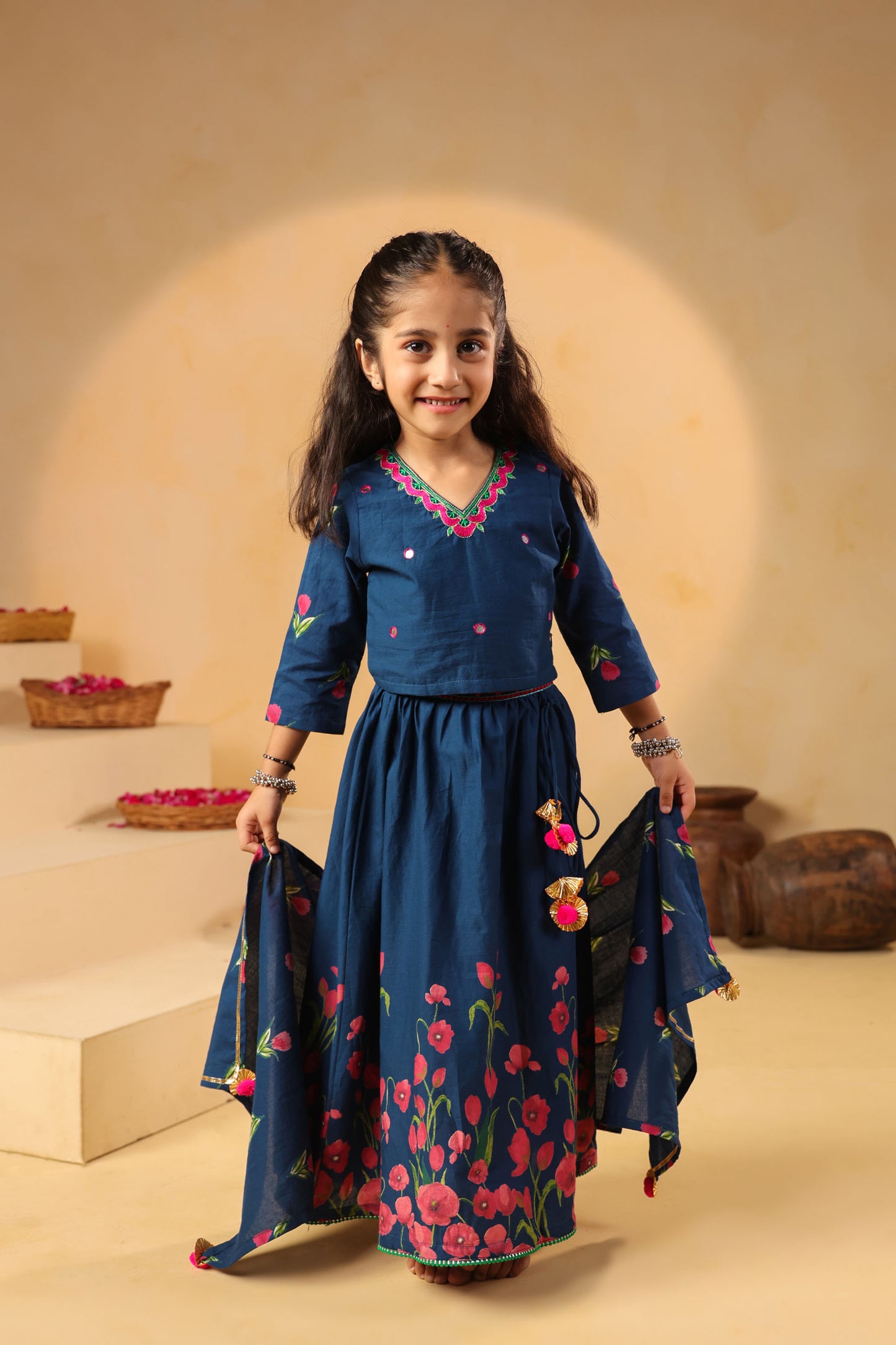GIRL GULABO FLORAL EMBROIDERED SKIRT SET-TEAL