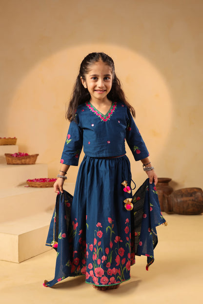 GIRL GULABO FLORAL EMBROIDERED SKIRT SET-TEAL