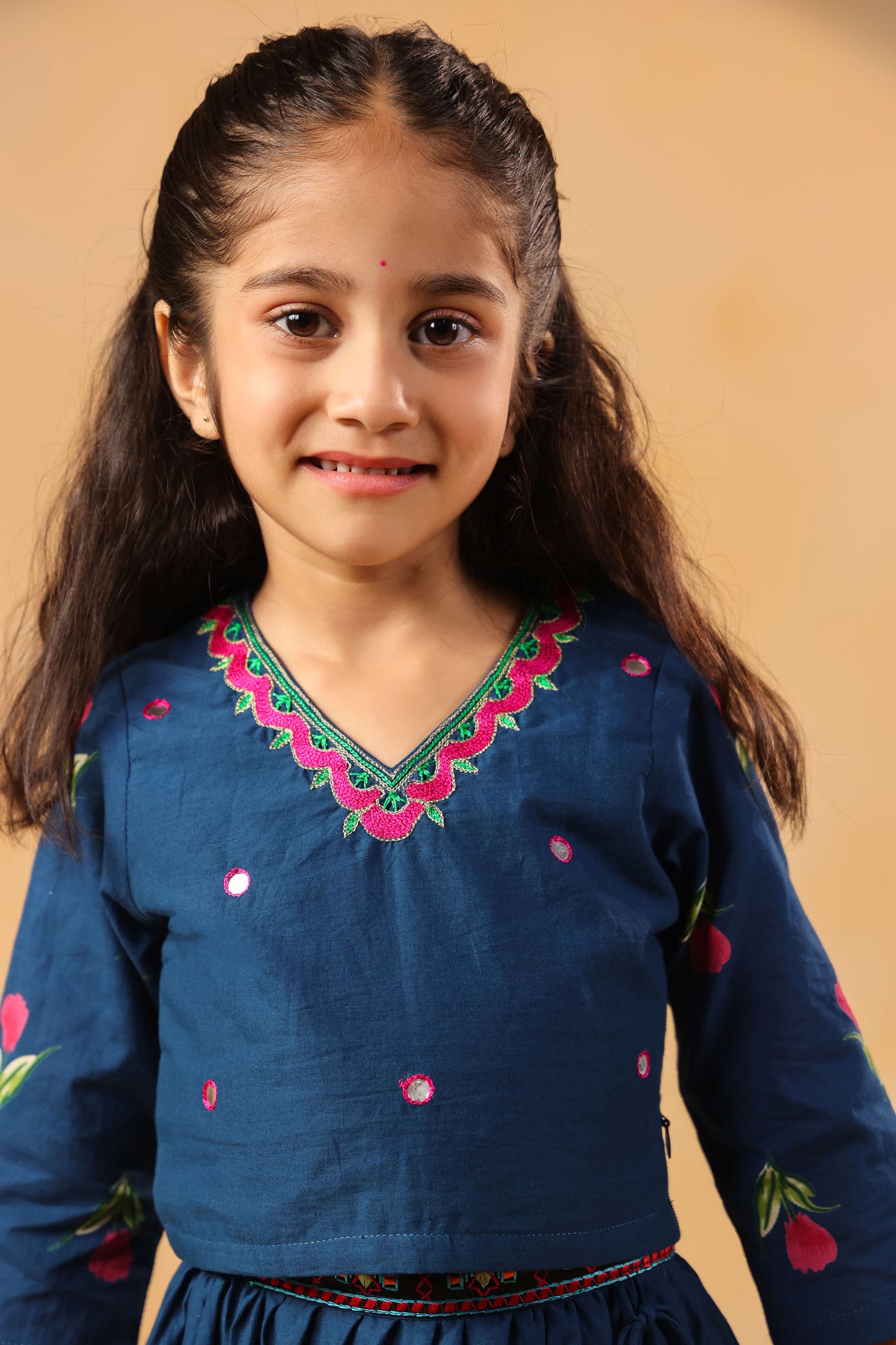 GIRL GULABO FLORAL EMBROIDERED SKIRT SET-TEAL