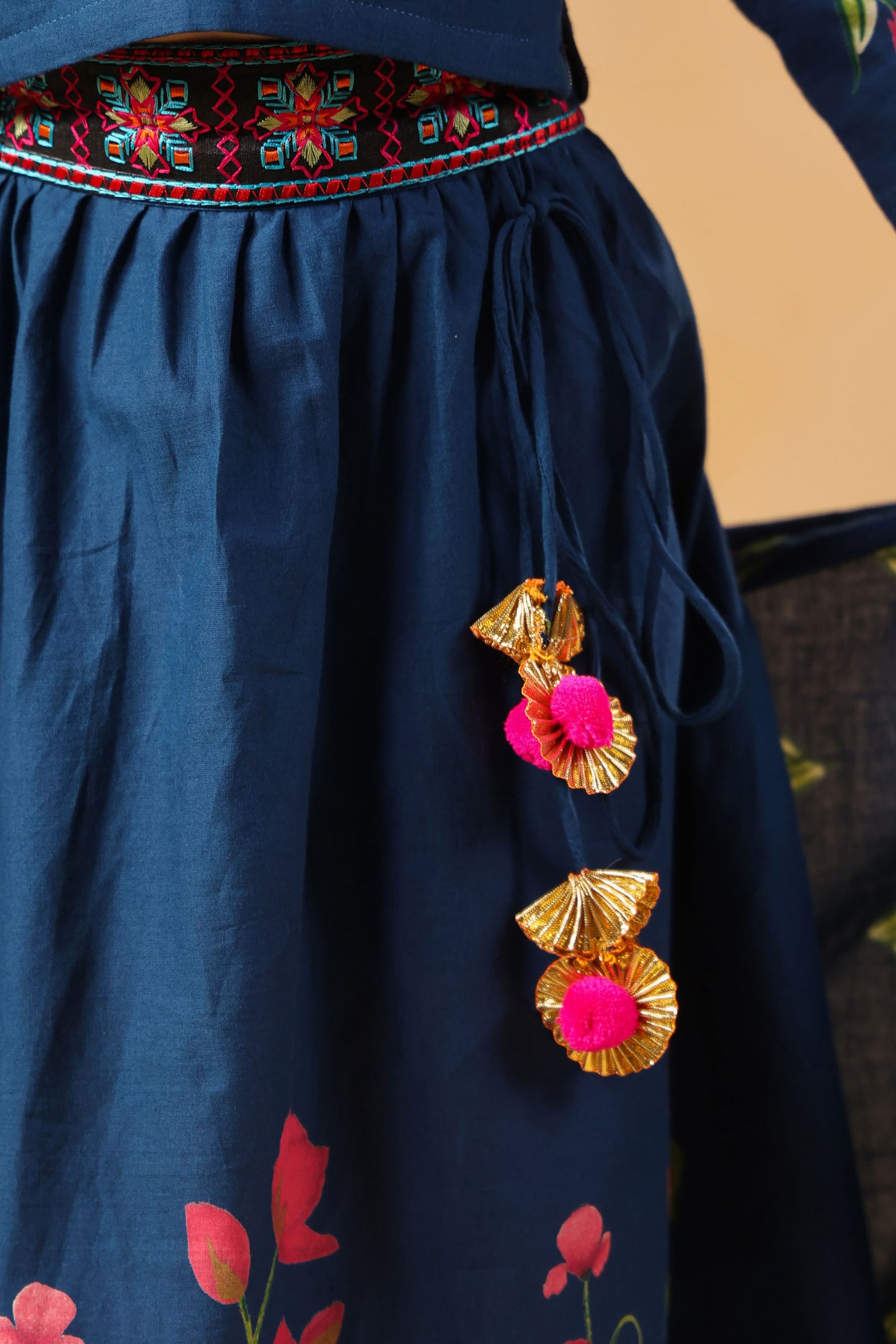 GIRL GULABO FLORAL EMBROIDERED SKIRT SET-TEAL