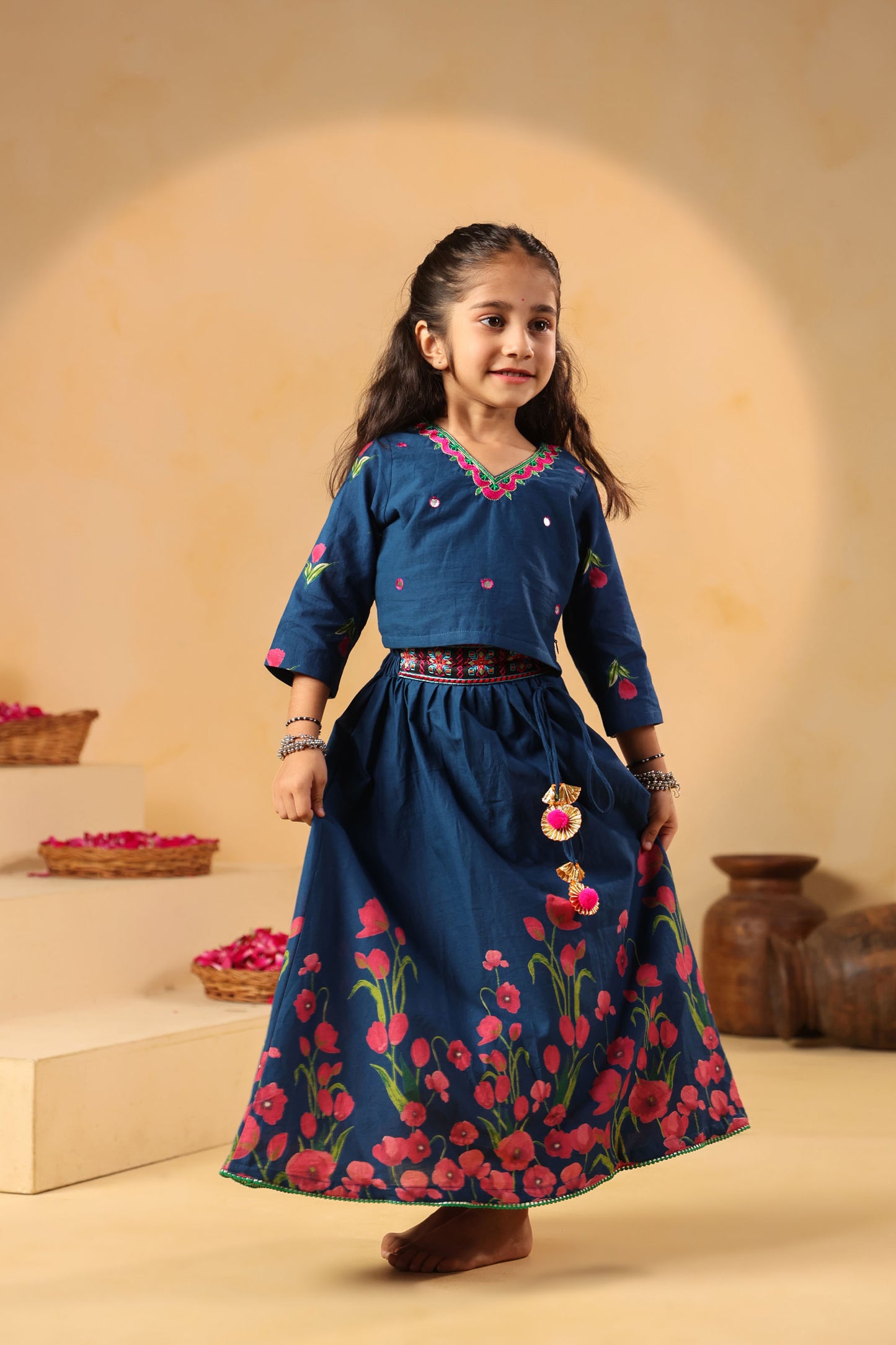 GIRL GULABO FLORAL EMBROIDERED SKIRT SET-TEAL
