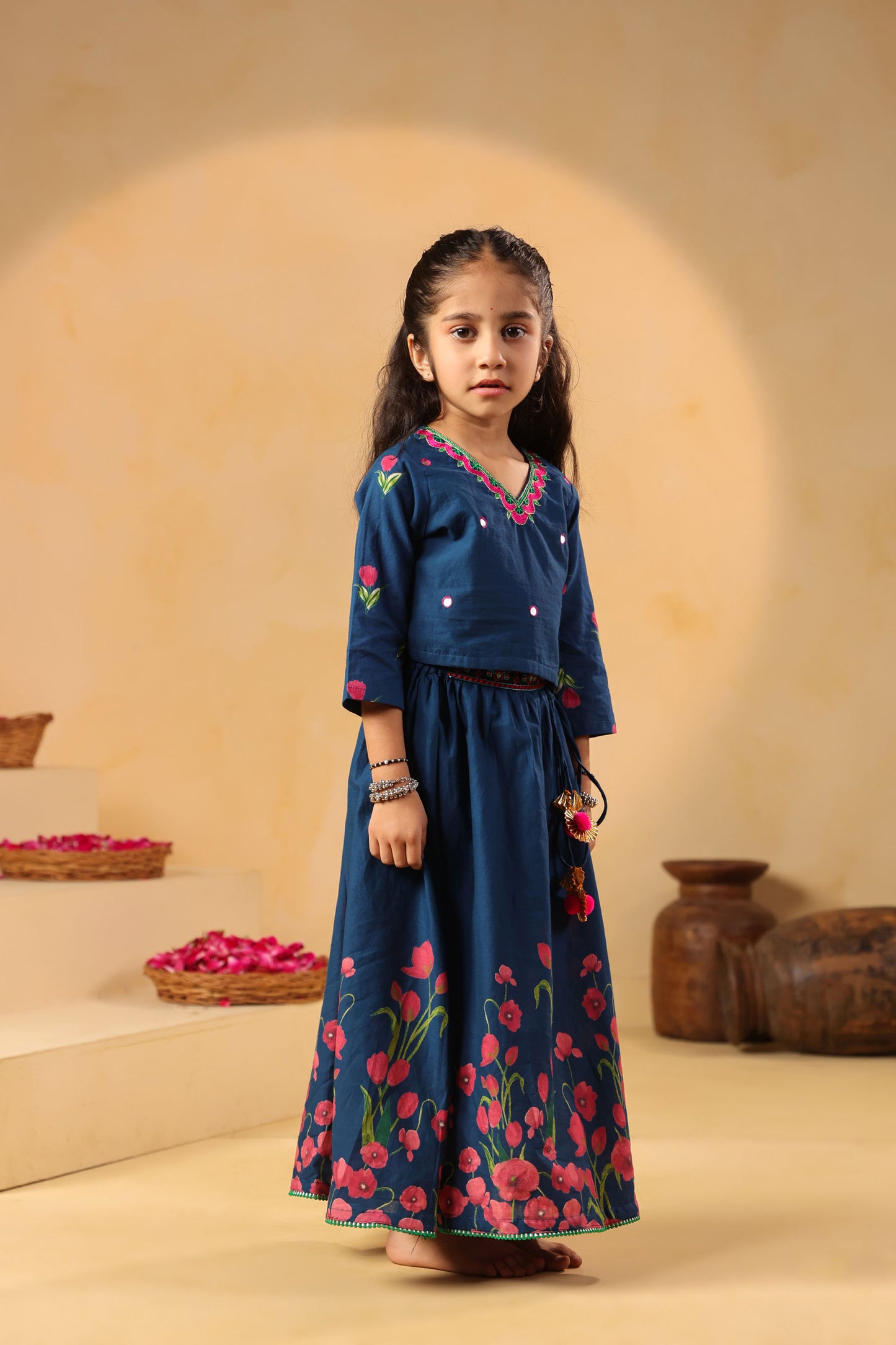 GIRL GULABO FLORAL EMBROIDERED SKIRT SET-TEAL
