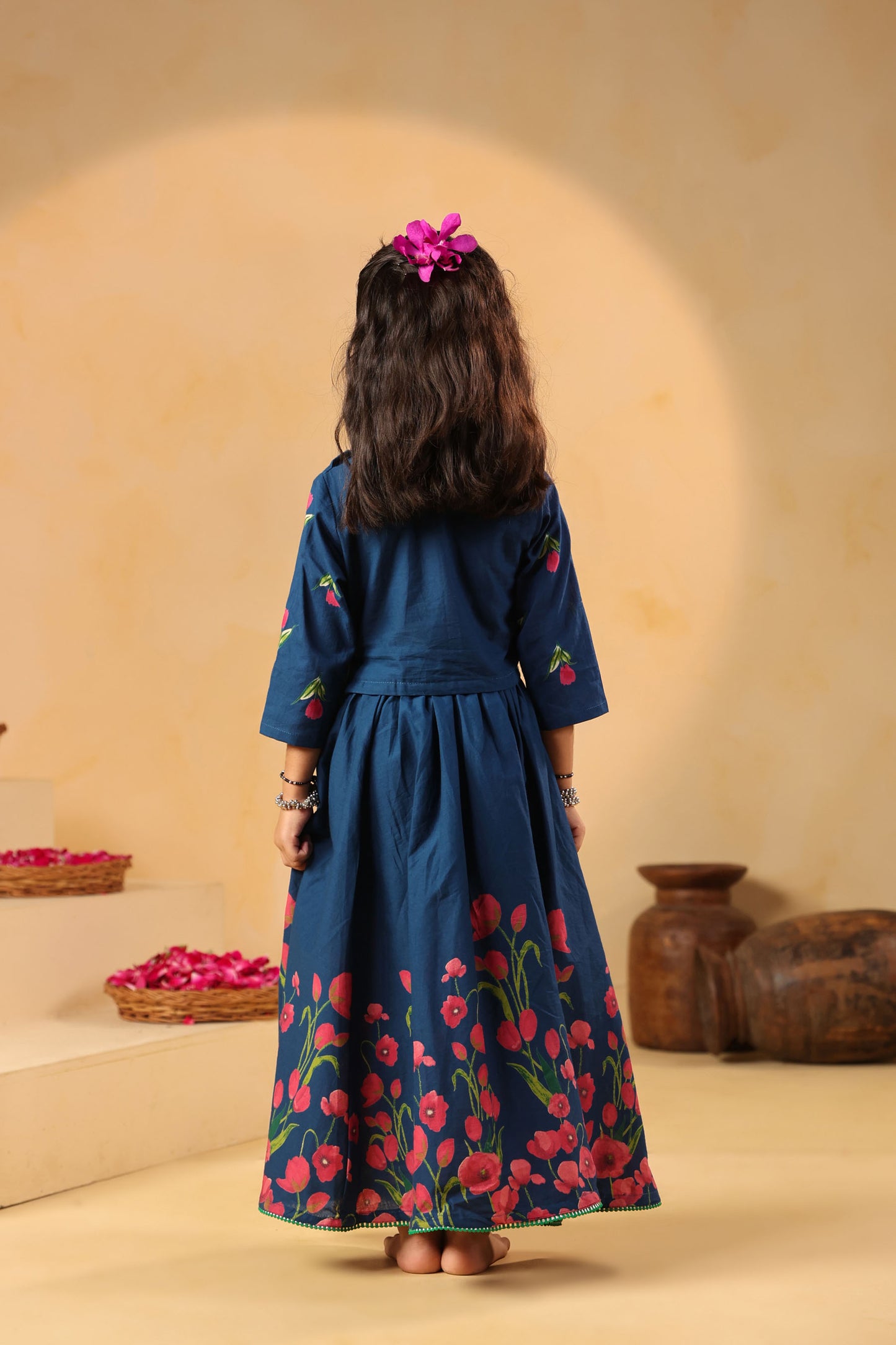 GIRL GULABO FLORAL EMBROIDERED SKIRT SET-TEAL