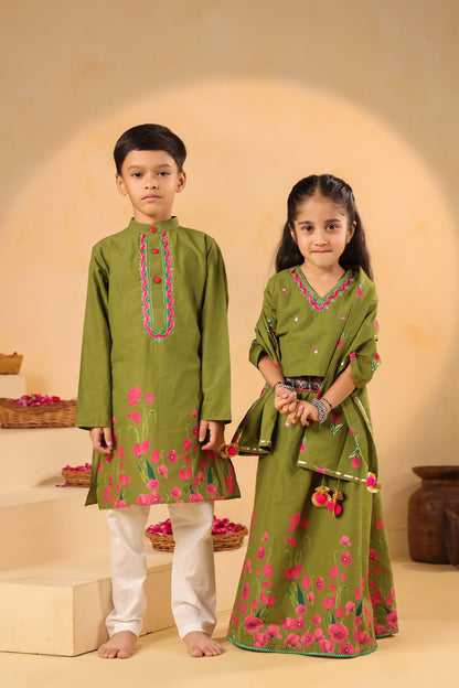 GIRL GULABO FLORAL EMBROIDERED SKIRT SET-MEHANDI GREEN