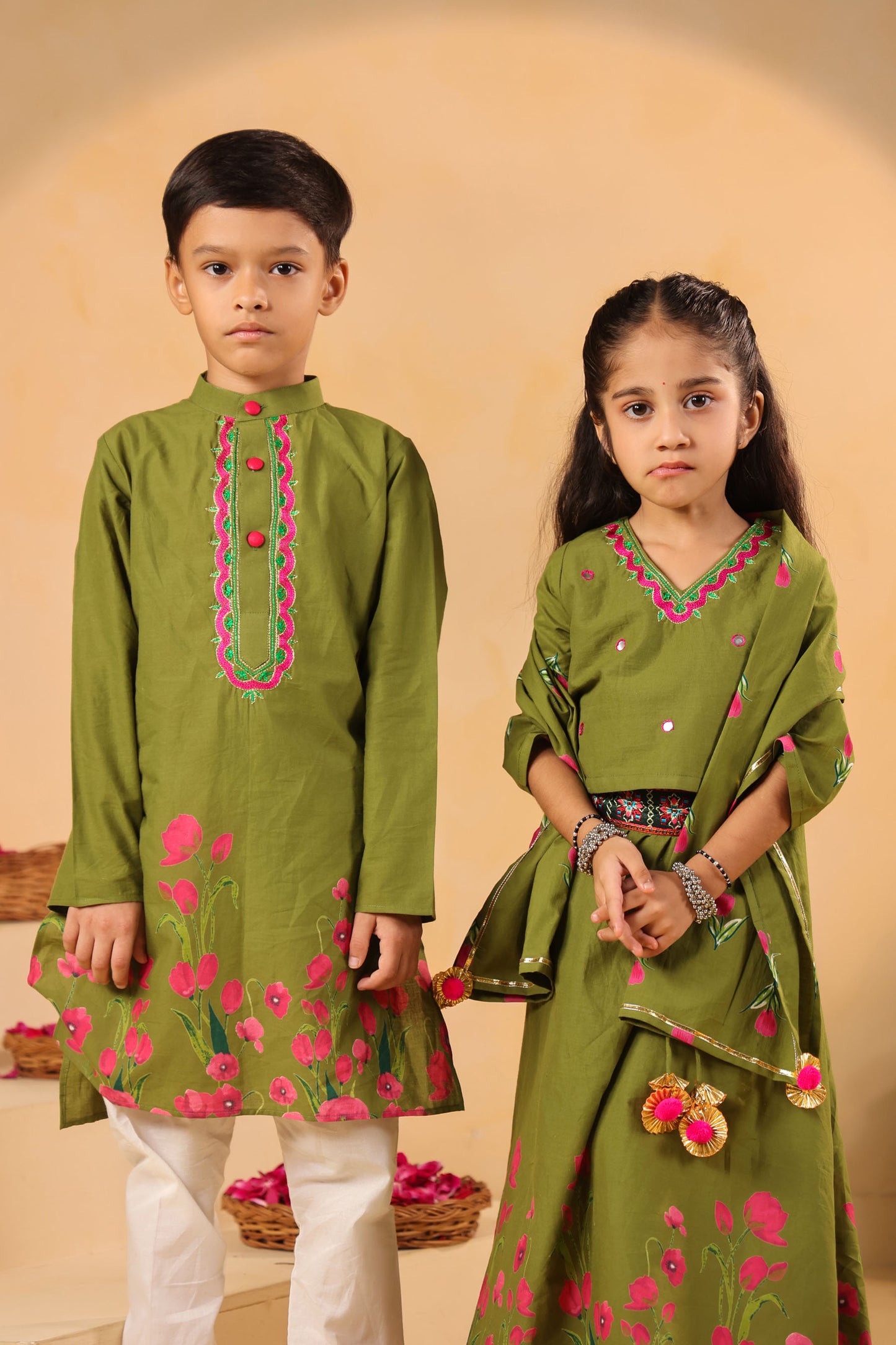 GIRL GULABO FLORAL EMBROIDERED SKIRT SET-MEHANDI GREEN