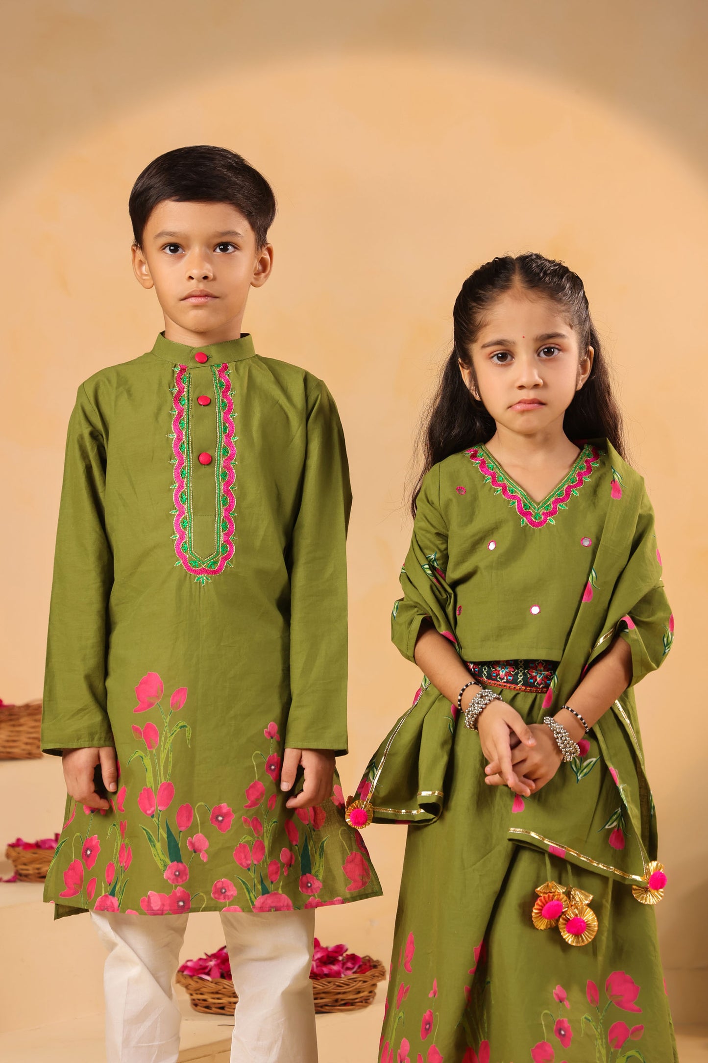GIRL GULABO FLORAL EMBROIDERED SKIRT SET-MEHANDI GREEN
