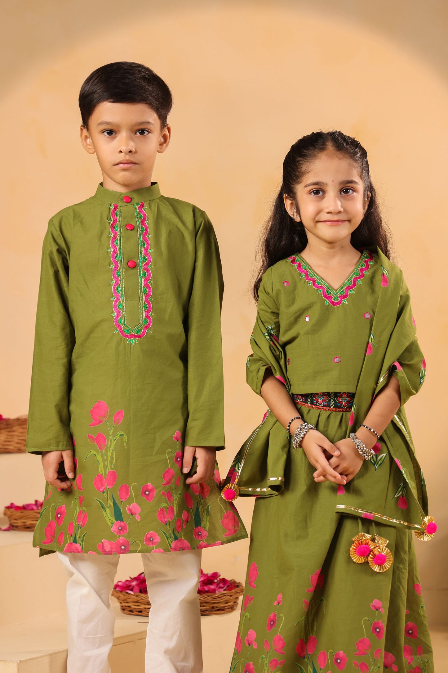 GIRL GULABO FLORAL EMBROIDERED SKIRT SET-MEHANDI GREEN