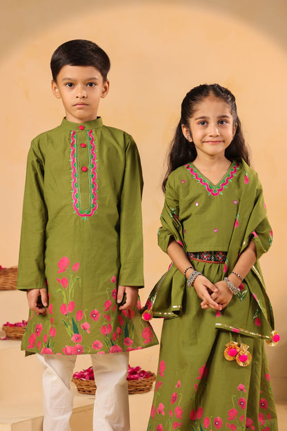GIRL GULABO FLORAL EMBROIDERED SKIRT SET-MEHANDI GREEN